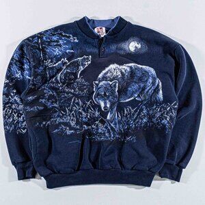 Vtg 90s Art Unlimited Wolf Nature AOP Sweatshirt Large Distressed Wilderness